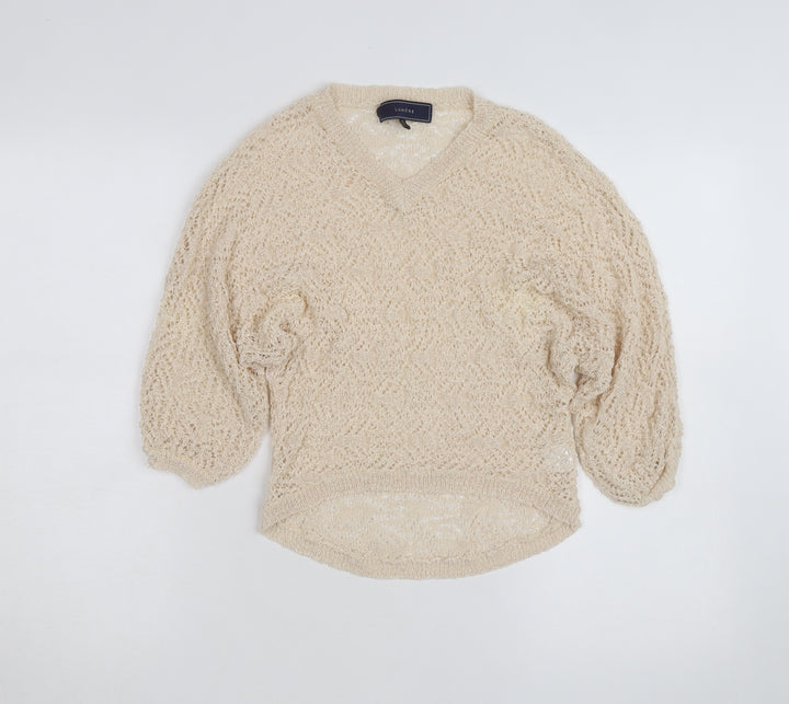 Lumière Women's Beige Open Knit V-Neck Pullover Jumper M