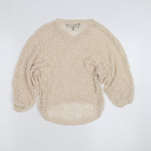 Lumière Women's Beige Open Knit V-Neck Pullover Jumper M