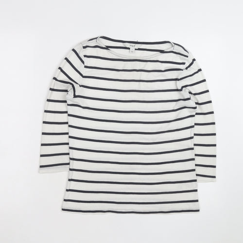 Marks and Spencer Womens White Striped Boat Neck 3/4 Sleeve Cotton T-Shirt Size 8