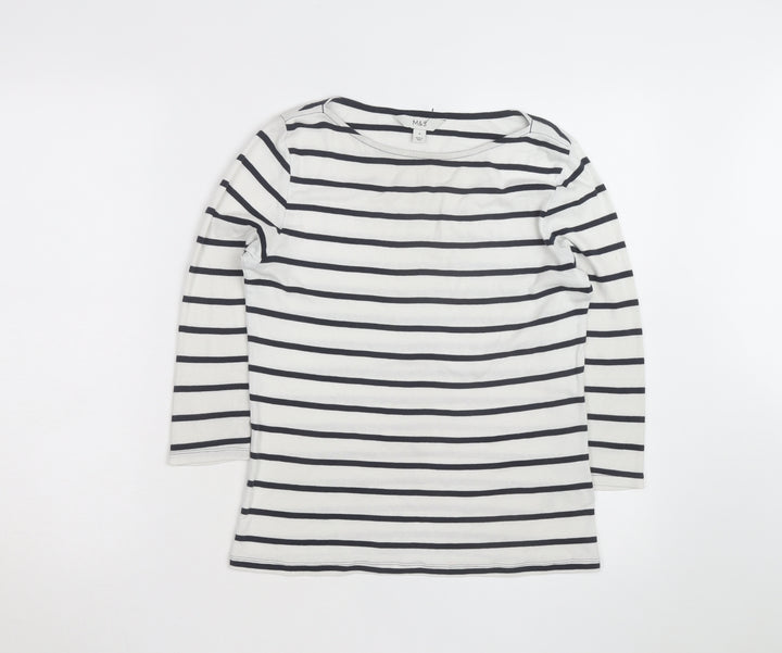 Marks and Spencer Womens White Striped Boat Neck 3/4 Sleeve Cotton T-Shirt Size 8