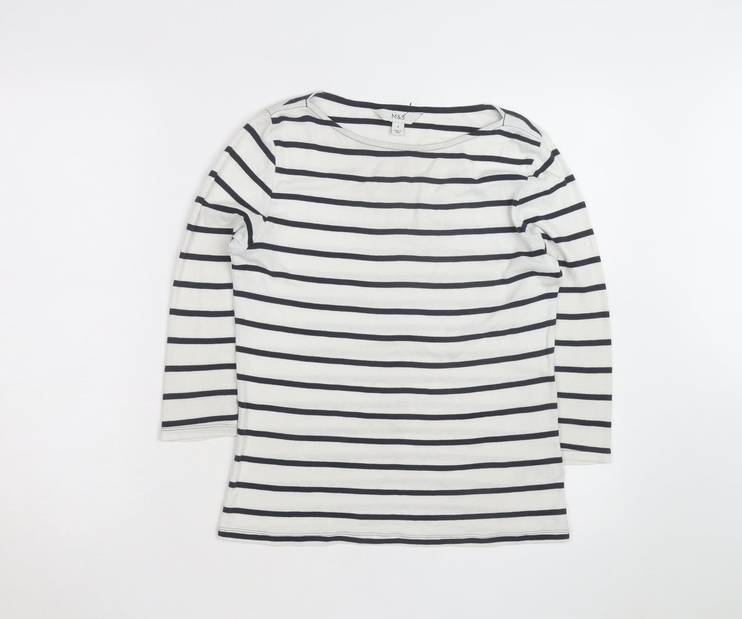 Marks and Spencer Womens White Striped Boat Neck 3/4 Sleeve Cotton T-Shirt Size 8