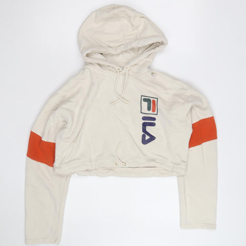 FILA Womens Beige Cropped Hoodie Small Drawstring Logo Pullover