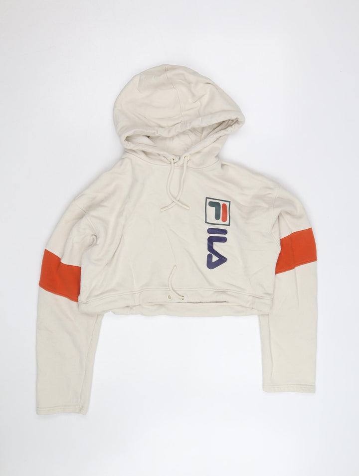 FILA Womens Beige Cropped Hoodie Small Drawstring Logo Pullover