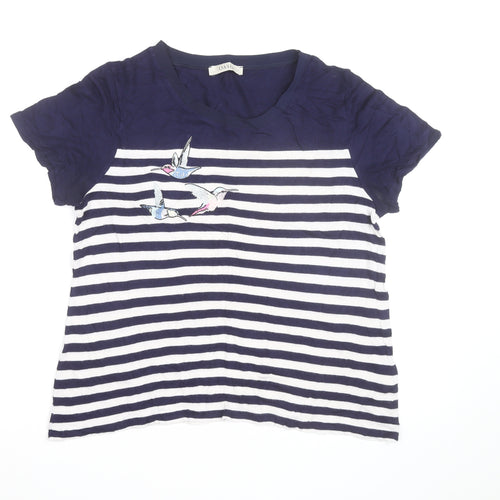 Oasis Womens Blue Striped Embroidered Bird T-Shirt Size L