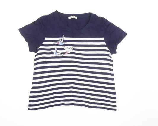 Oasis Womens Blue Striped Embroidered Bird T-Shirt Size L