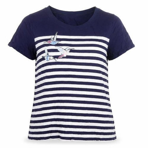 Oasis Womens Blue Striped Embroidered Bird T-Shirt Size L