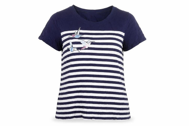 Oasis Womens Blue Striped Embroidered Bird T-Shirt Size L