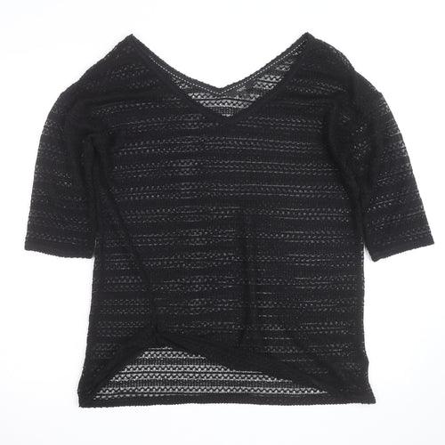 Next Womens Black V-Neck Knit Jumper Size 12 Lightweight Crochet Style