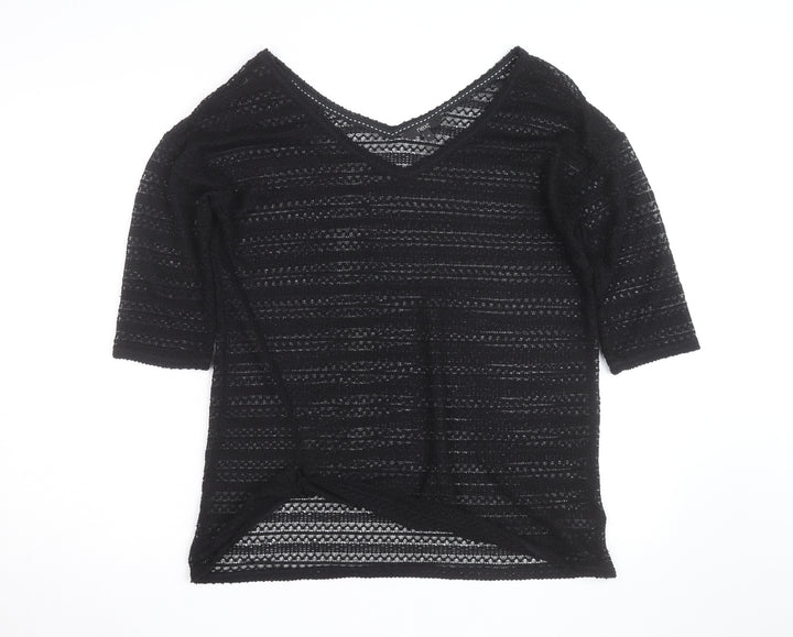 Next Womens Black V-Neck Knit Jumper Size 12 Lightweight Crochet Style