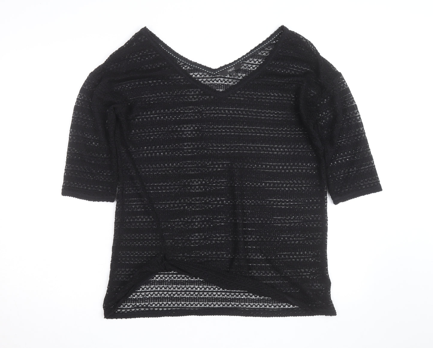 Next Womens Black V-Neck Knit Jumper Size 12 Lightweight Crochet Style