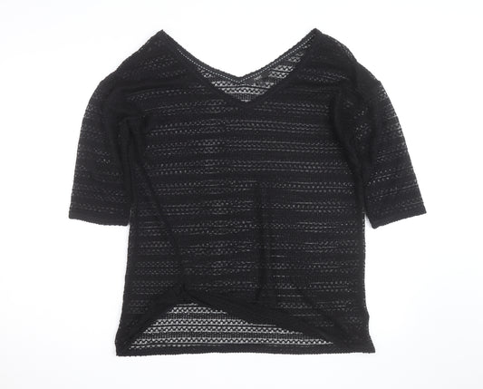 Next Womens Black V-Neck Knit Jumper Size 12 Lightweight Crochet Style