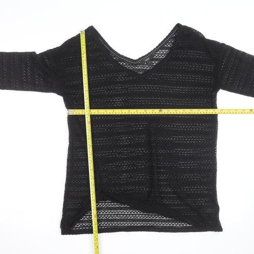 Next Womens Black V-Neck Knit Jumper Size 12 Lightweight Crochet Style