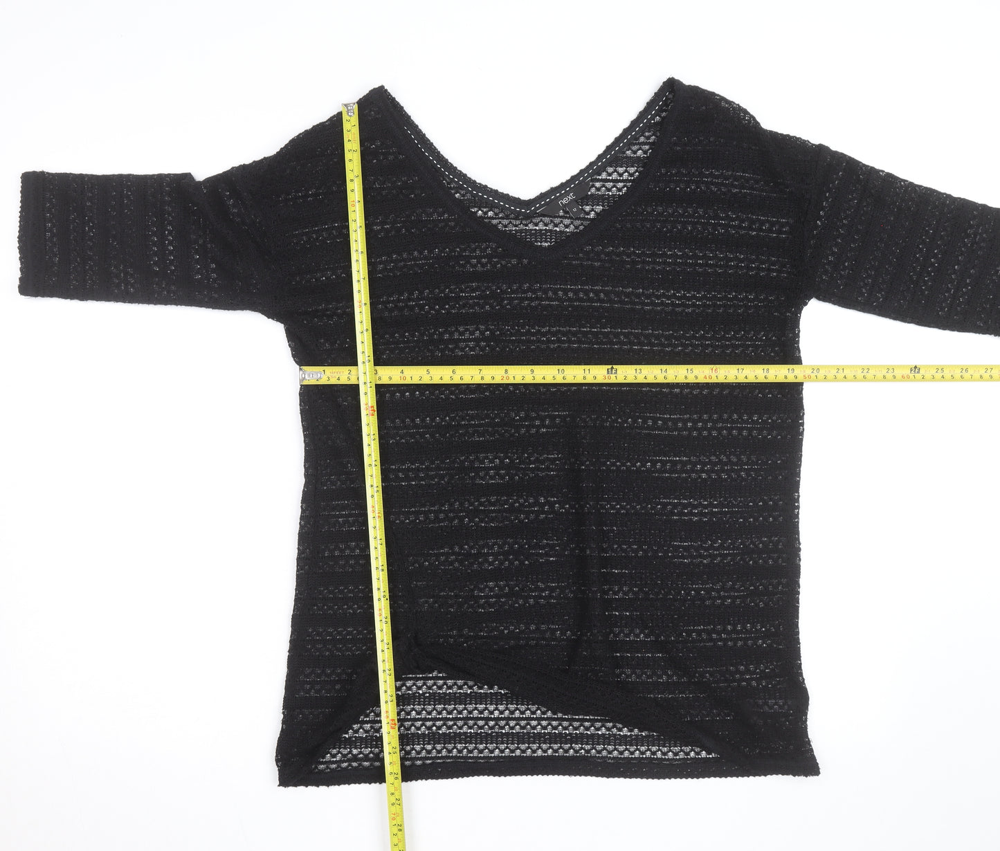 Next Womens Black V-Neck Knit Jumper Size 12 Lightweight Crochet Style