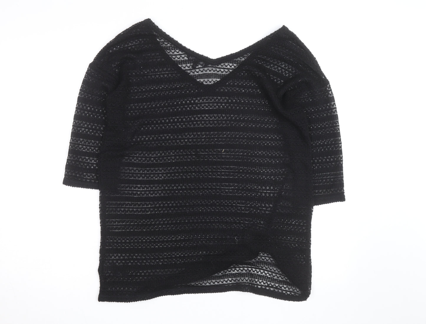 Next Womens Black V-Neck Knit Jumper Size 12 Lightweight Crochet Style