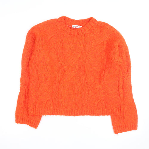 Stradivarius Women Orange Cable-Knit Crew Neck Jumper Size 8