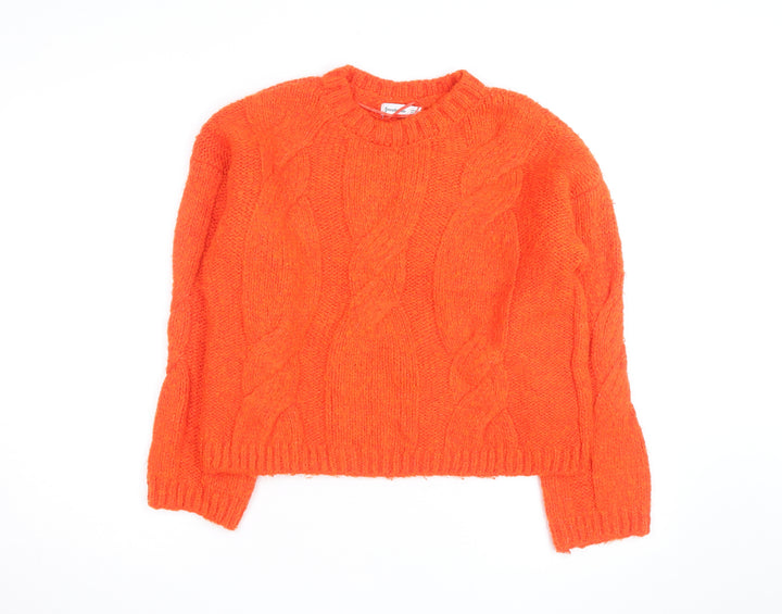 Stradivarius Women Orange Cable-Knit Crew Neck Jumper Size 8
