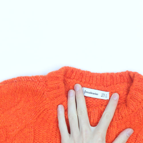 Stradivarius Women Orange Cable-Knit Crew Neck Jumper Size 8