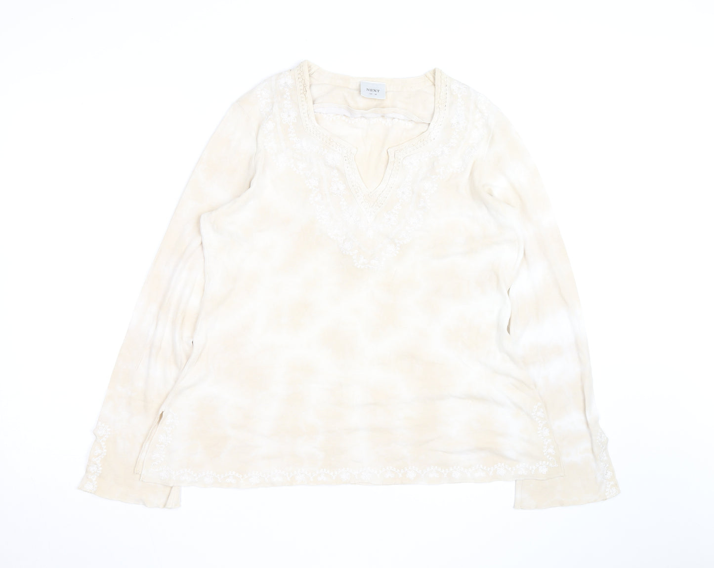 Next Women Beige Embroidered Tunic Blouse UK 16 Long Sleeve Top