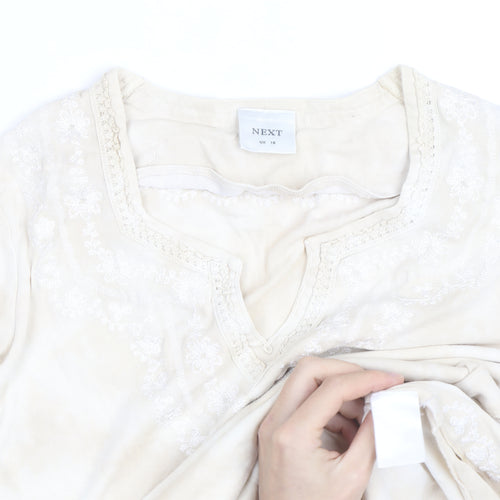 Next Women Beige Embroidered Tunic Blouse UK 16 Long Sleeve Top