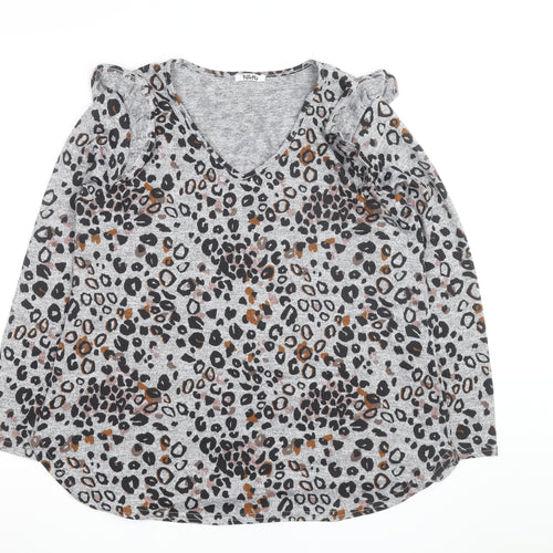 Tilletts Women Grey Animal Print Ruffle Long Sleeve Top Size S