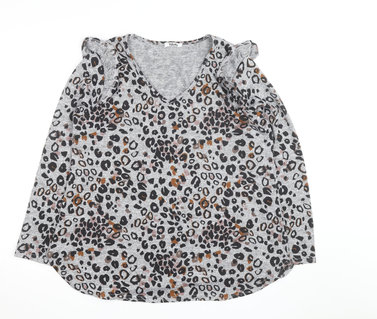 Tilletts Women Grey Animal Print Ruffle Long Sleeve Top Size S