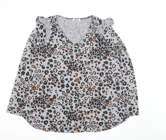 Tilletts Women Grey Animal Print Ruffle Long Sleeve Top Size S