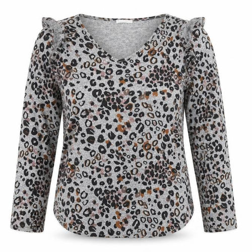 Tilletts Women Grey Animal Print Ruffle Long Sleeve Top Size S