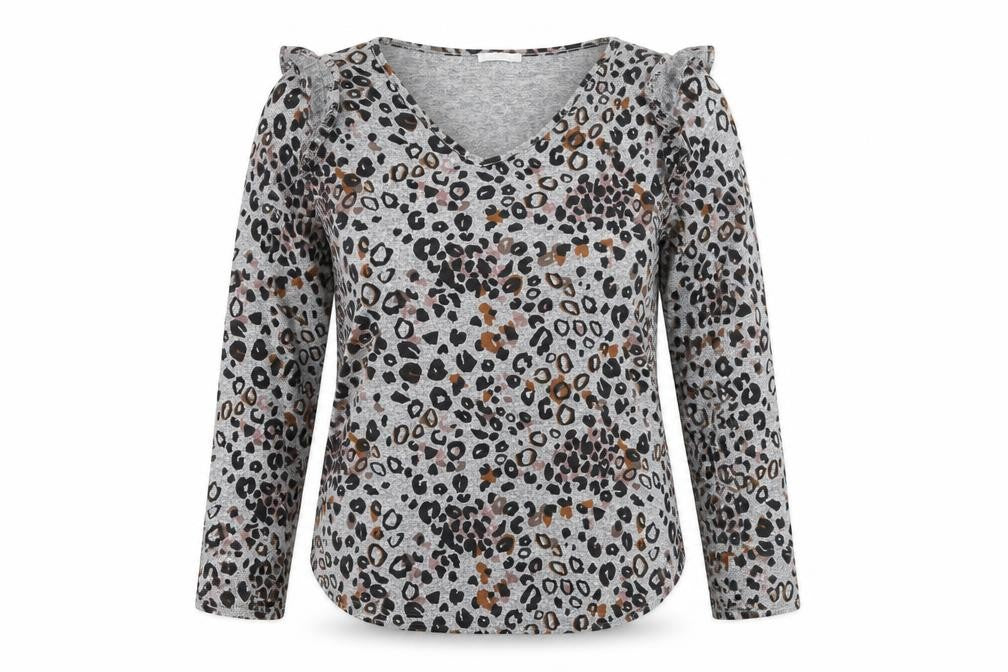 Tilletts Women Grey Animal Print Ruffle Long Sleeve Top Size S