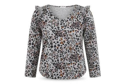 Front view of Tilletts Women Grey Animal Print Ruffle Long Sleeve Top, size S