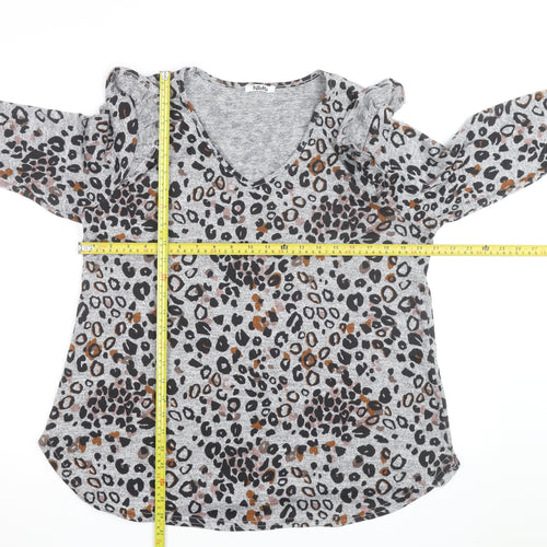 Tilletts Women Grey Animal Print Ruffle Long Sleeve Top Size S