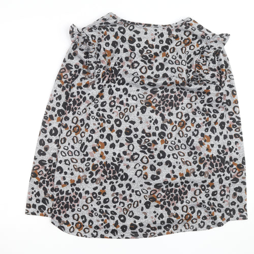 Tilletts Women Grey Animal Print Ruffle Long Sleeve Top Size S