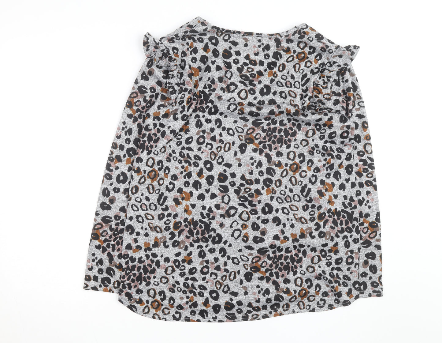 Tilletts Women Grey Animal Print Ruffle Long Sleeve Top Size S