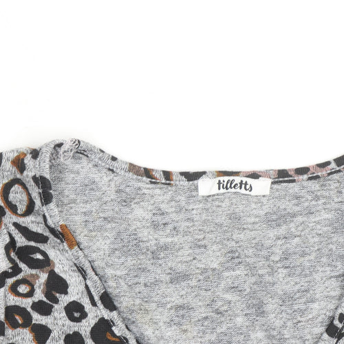 Tilletts Women Grey Animal Print Ruffle Long Sleeve Top Size S