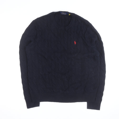 Polo Ralph Lauren Men's Blue Cable-Knit Cotton Jumper Size L