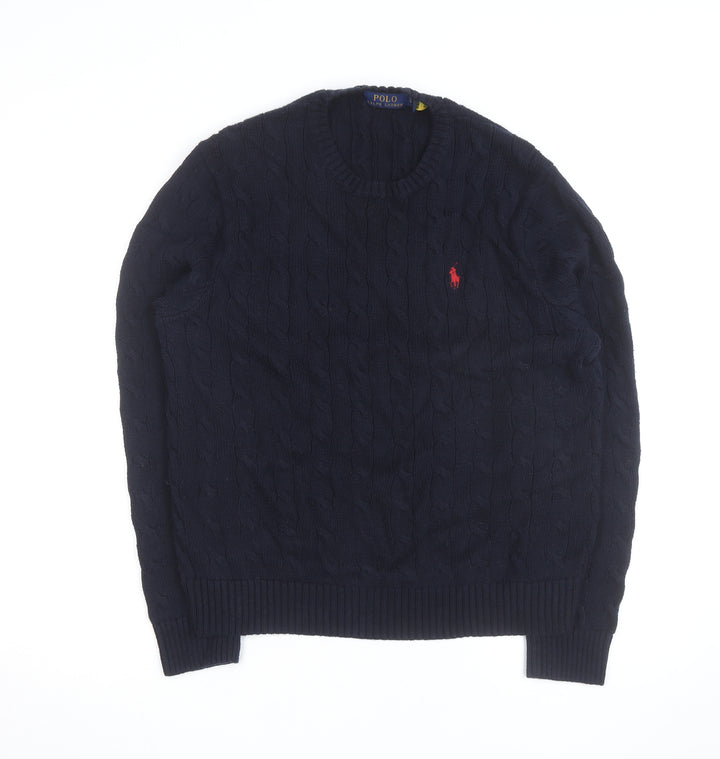 Polo Ralph Lauren Men's Blue Cable-Knit Cotton Jumper Size L