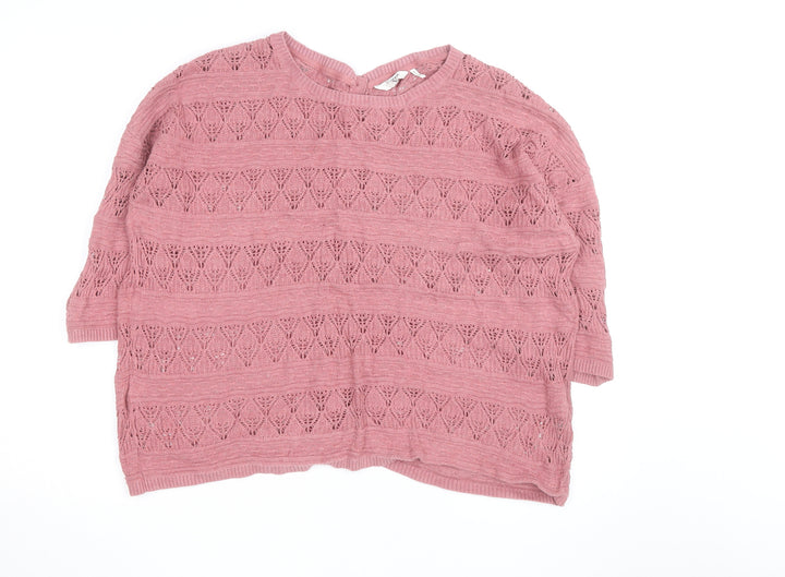 FatFace Women's Pink Open-Knit 3/4 Sleeve Cotton Cardigan Size 12