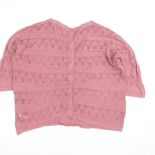 FatFace Women's Pink Open-Knit 3/4 Sleeve Cotton Cardigan Size 12