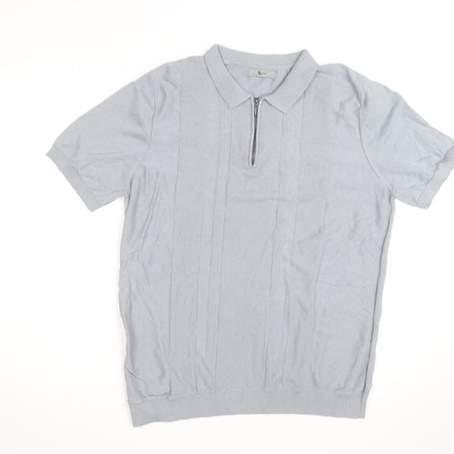 Tu Men Grey Cotton Blend Short Sleeve Zip Collar Polo Shirt L