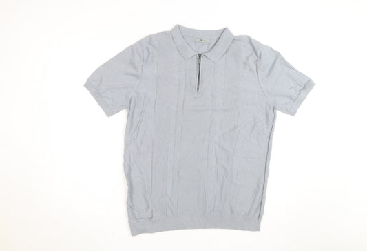 Tu Men Grey Cotton Blend Short Sleeve Zip Collar Polo Shirt L