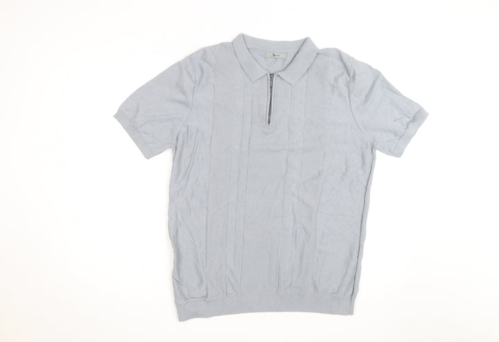 Tu Men Grey Cotton Blend Short Sleeve Zip Collar Polo Shirt L