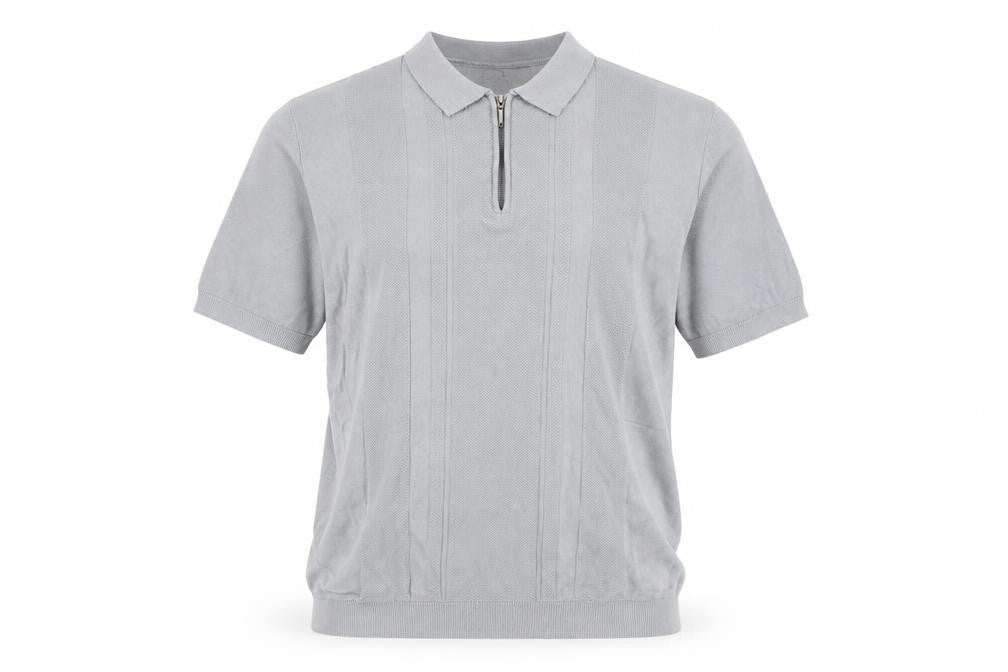 Front view of Tu Men Grey Cotton Blend Short Sleeve Zip Collar Polo Shirt L