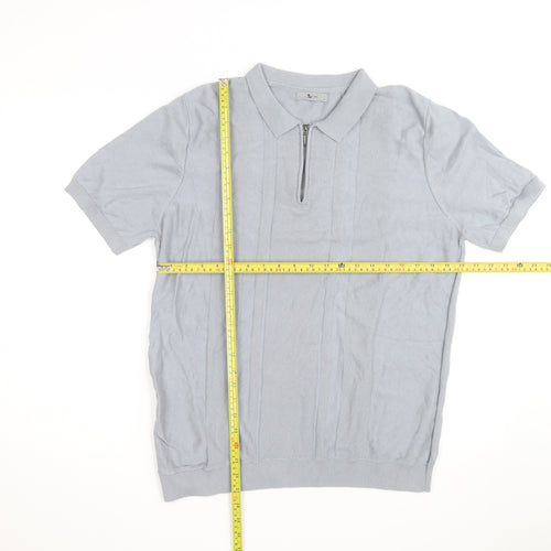 Tu Men Grey Cotton Blend Short Sleeve Zip Collar Polo Shirt L