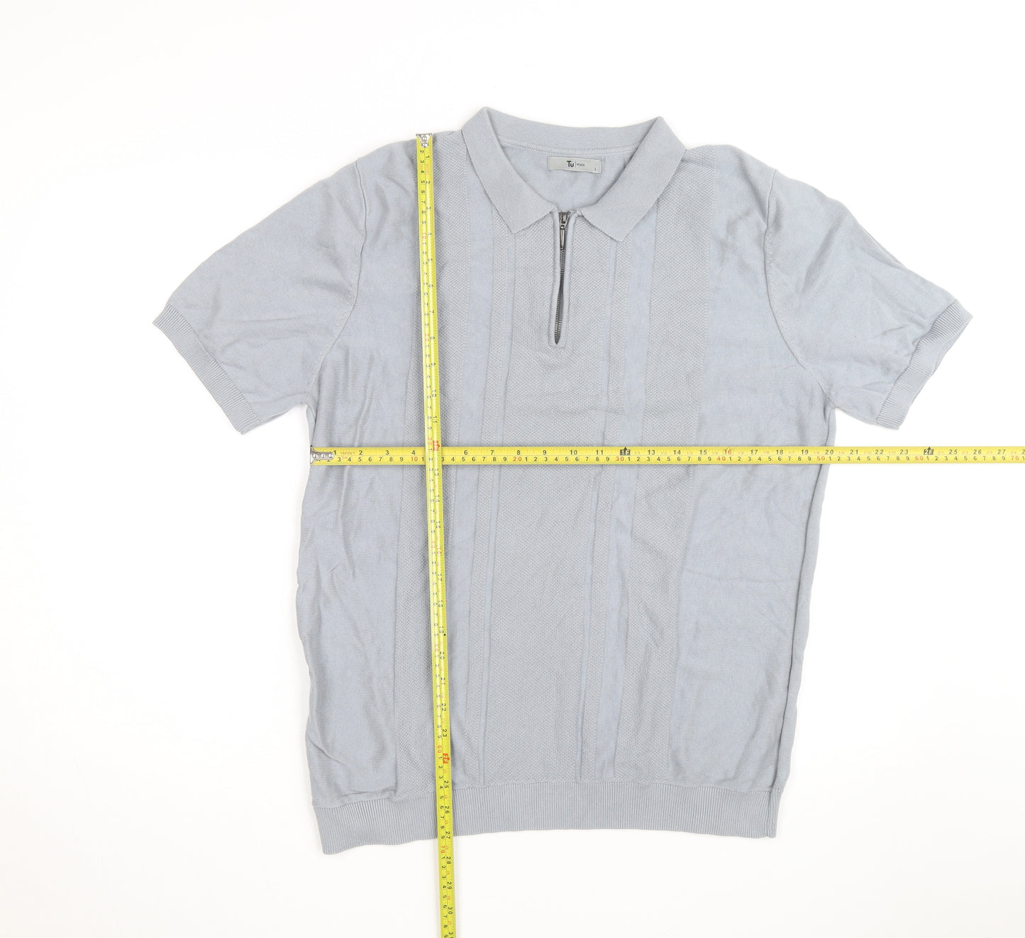 Tu Men Grey Cotton Blend Short Sleeve Zip Collar Polo Shirt L