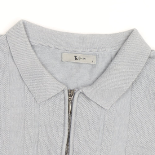 Tu Men Grey Cotton Blend Short Sleeve Zip Collar Polo Shirt L