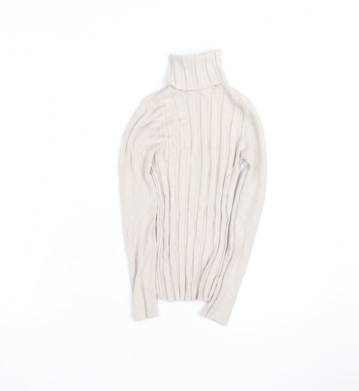 Topshop Women Beige Roll Neck Ribbed Slim Fit Jumper Size 8