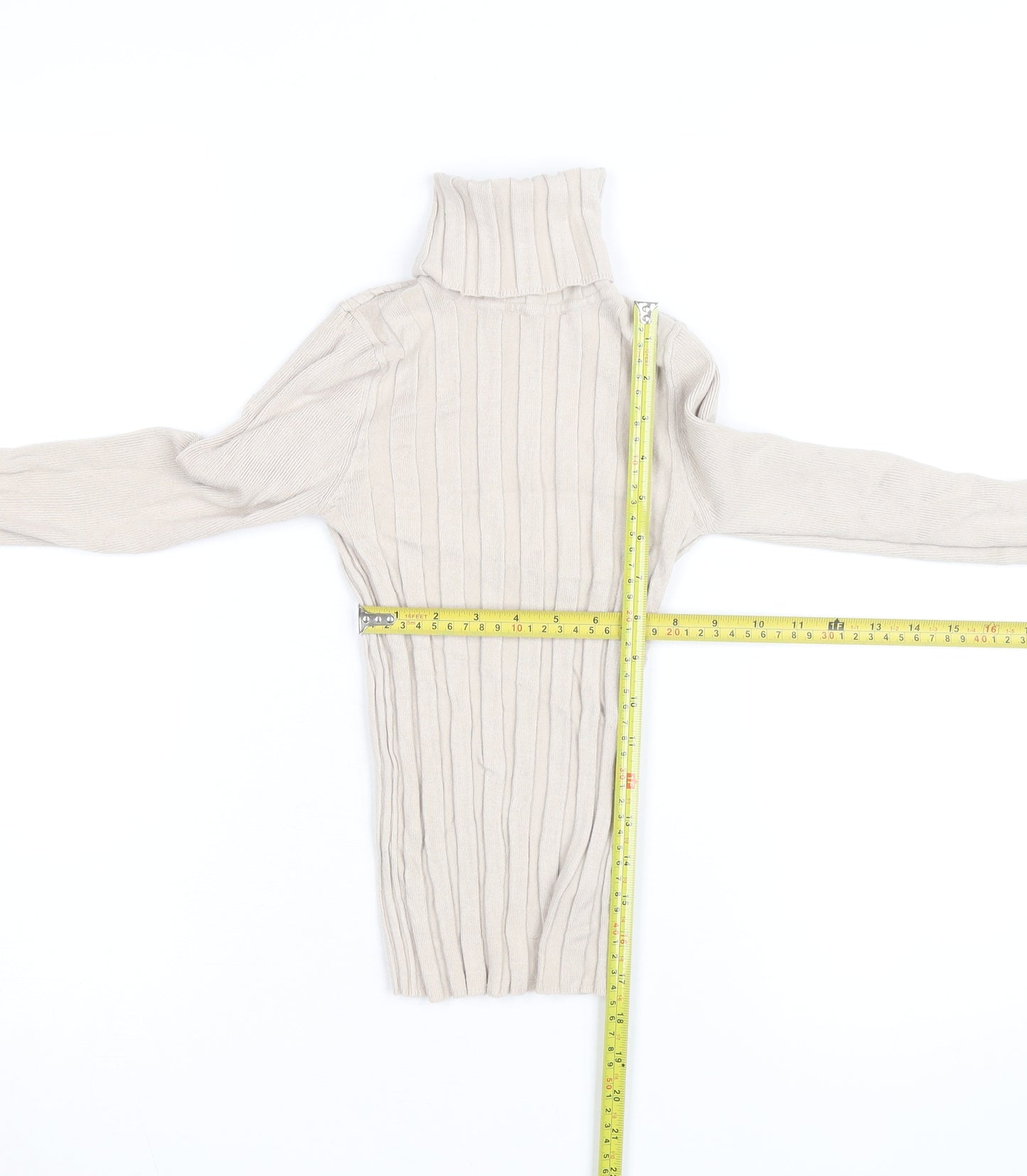 Topshop Women Beige Roll Neck Ribbed Slim Fit Jumper Size 8