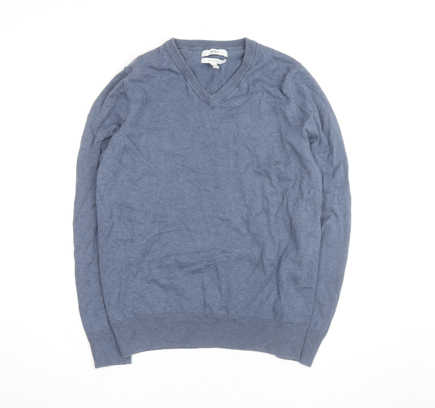 Marks and Spencer Men's Blue Cotton V-Neck Pullover Jumper M