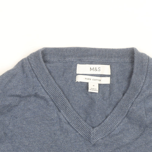 Marks and Spencer Men's Blue Cotton V-Neck Pullover Jumper M
