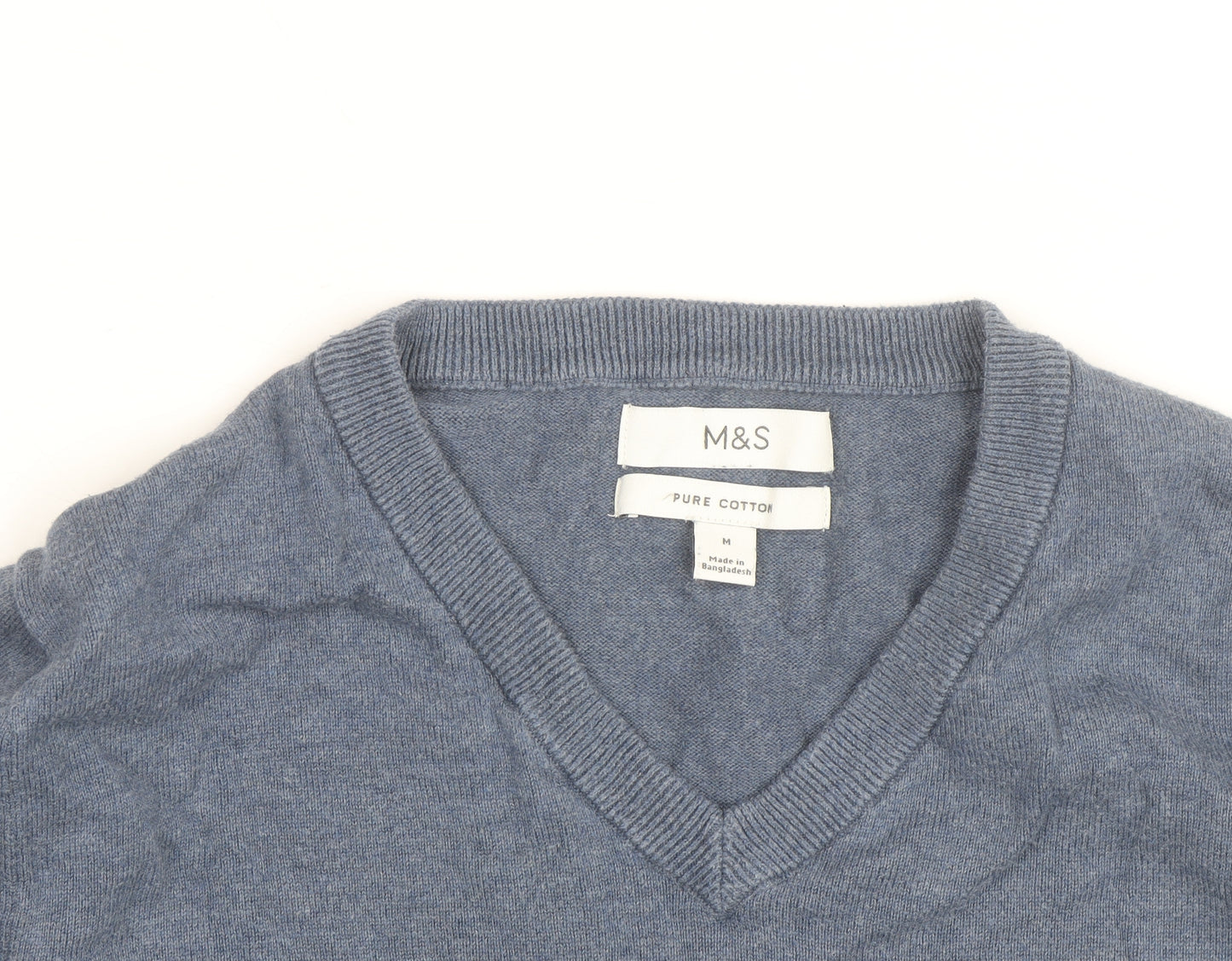 Marks and Spencer Men's Blue Cotton V-Neck Pullover Jumper M