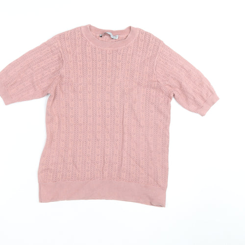 Oasis Women Pink Short Sleeve Cable-Knit Jumper Size M
